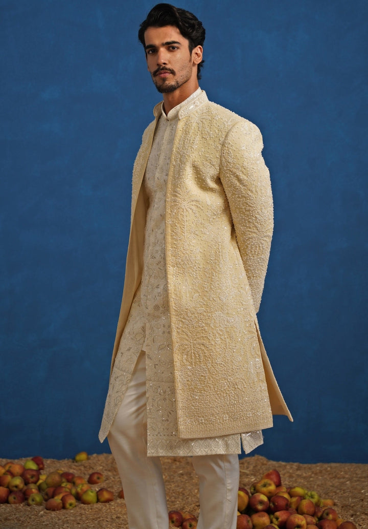 Gold Georgette Sherwani Set Kalpraag - Fabilicious Fashion