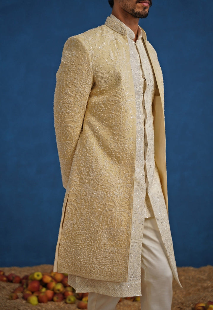 Gold Georgette Sherwani Set Kalpraag - Fabilicious Fashion