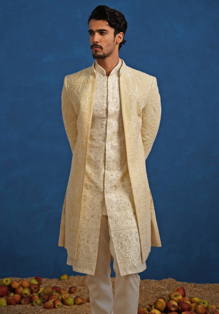 Gold Georgette Sherwani Set Kalpraag - Fabilicious Fashion