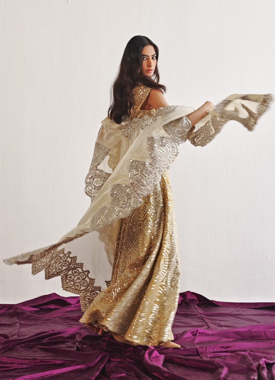 Gold & Ivory Mirrorwork Sharara Set With Applique Work Cape Twenty Nine - Fabilicious Fashion