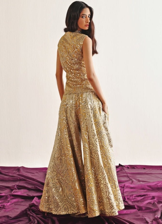 Gold & Ivory Mirrorwork Sharara Set With Applique Work Cape Twenty Nine - Fabilicious Fashion