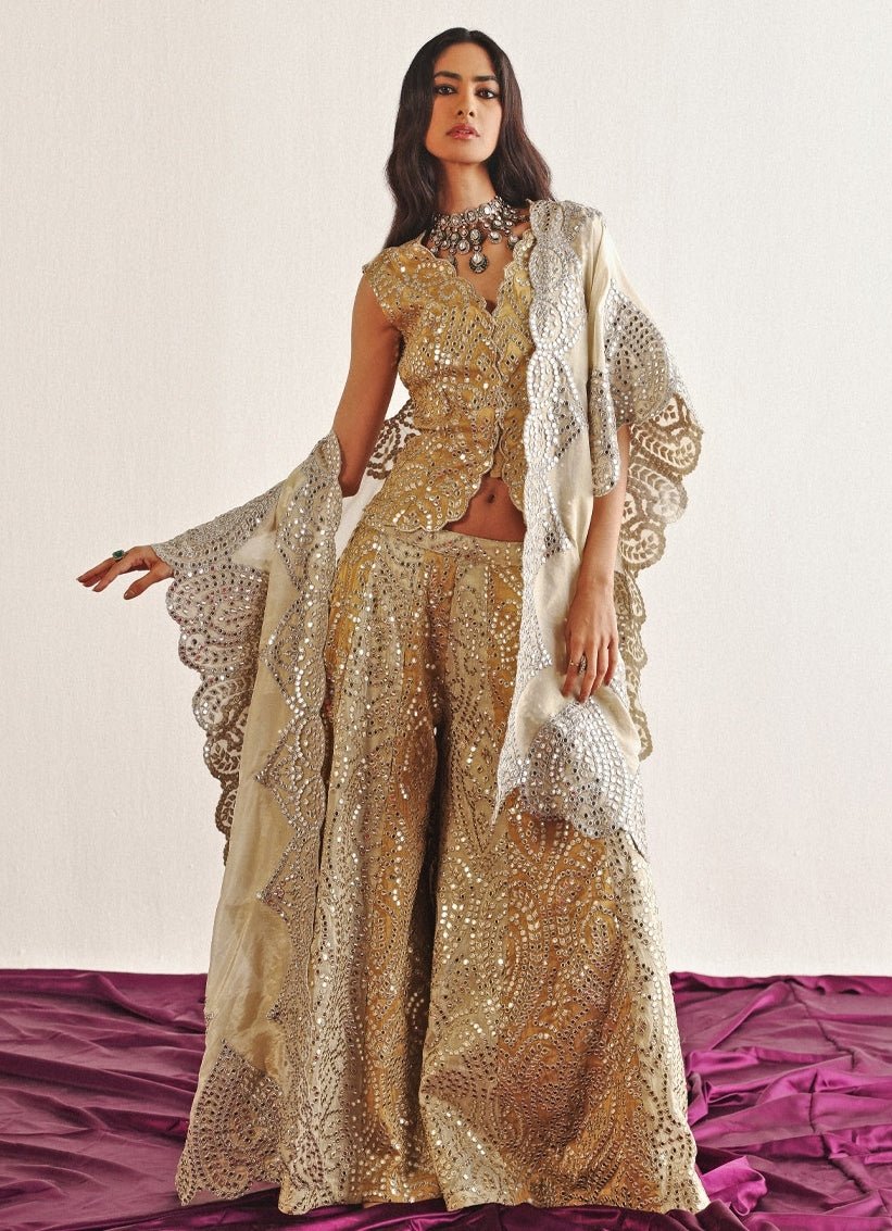 Gold & Ivory Mirrorwork Sharara Set With Applique Work Cape Twenty Nine - Fabilicious Fashion