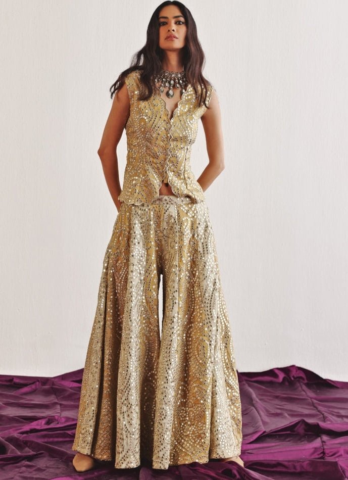 Gold & Ivory Mirrorwork Sharara Set With Applique Work Cape Twenty Nine - Fabilicious Fashion