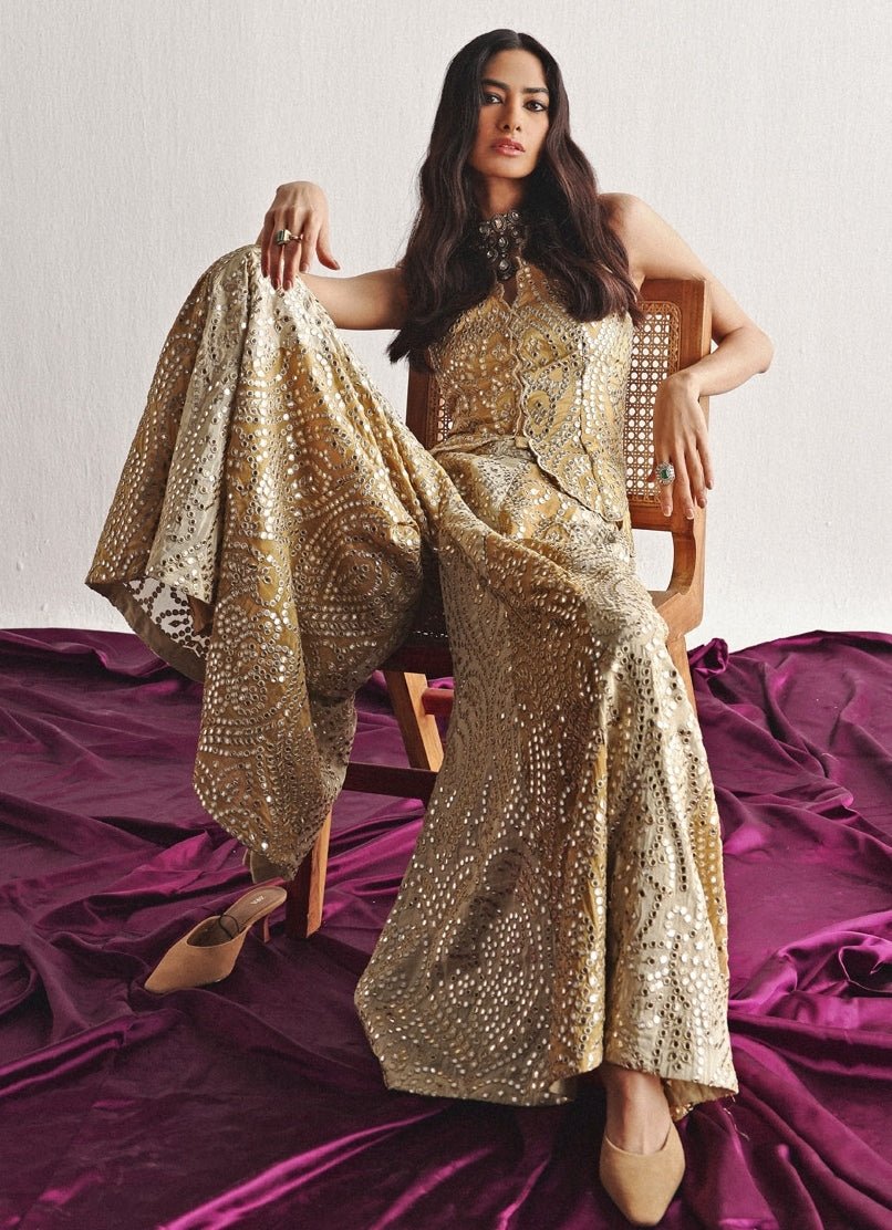 Gold & Ivory Mirrorwork Sharara Set With Applique Work Cape Twenty Nine - Fabilicious Fashion