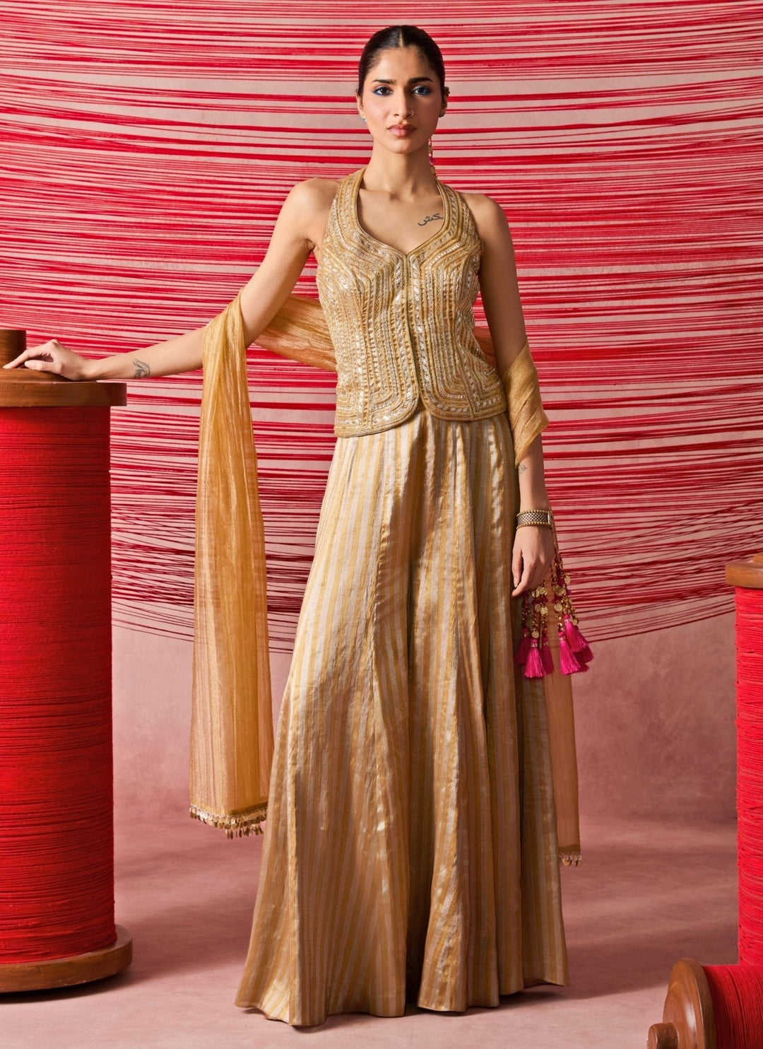 Chamee And Palak Gold Jamewar Corset Palazzo SetFabilicious Fashion