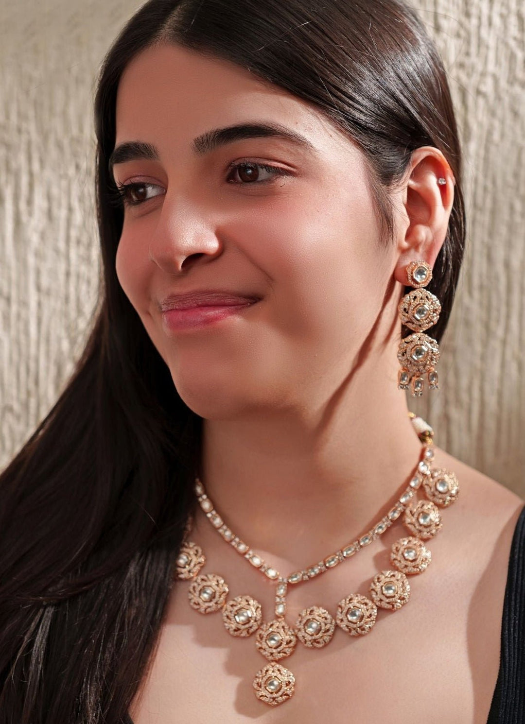 Gold Kundan 2 Line Necklace Set Zevar By Geeta - Fabilicious Fashion