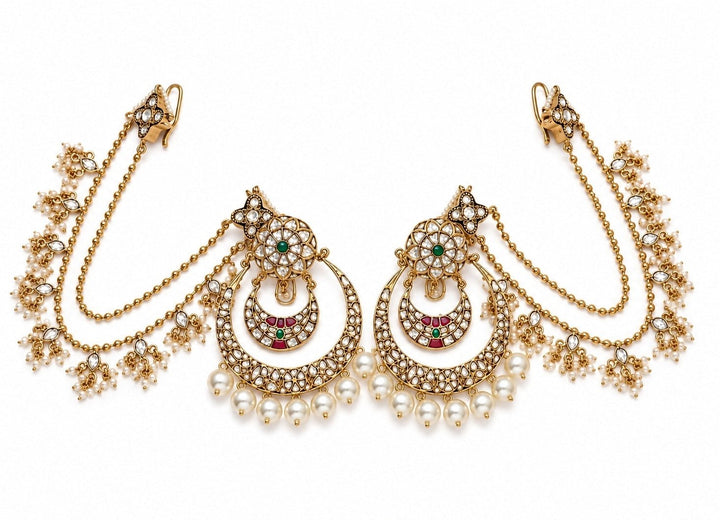 Vivinia By Vidhi Mehra Gold Kundan And Pearl Chandbali With Ear ChainsFabilicious Fashion