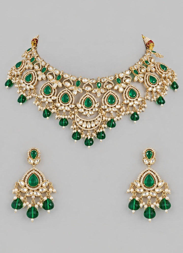 Zevar by Geeta Gold Kundan Necklace Set With Green Stones And PearlsFabilicious Fashion