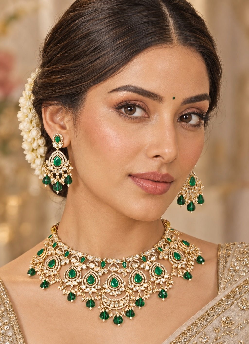 Zevar by Geeta Gold Kundan Necklace Set With Green Stones And PearlsFabilicious Fashion