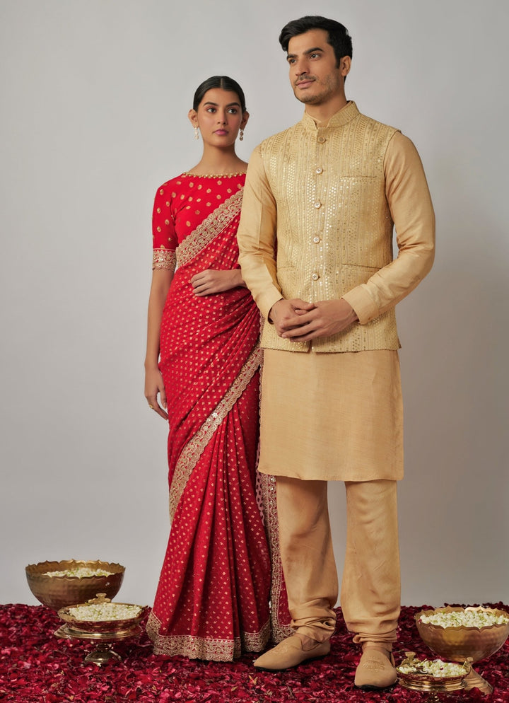 Gold Kurta Set with Embroidered Bandi Jacket Renee Label - Men - Fabilicious Fashion