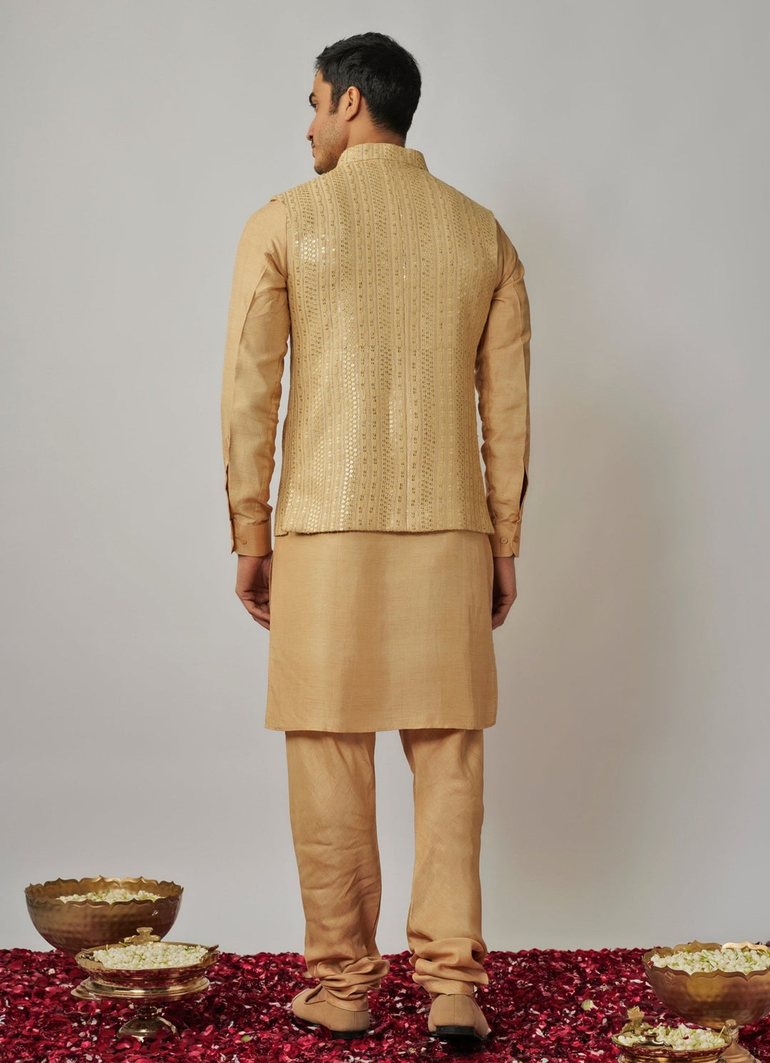 Gold Kurta Set with Embroidered Bandi Jacket Renee Label - Men - Fabilicious Fashion