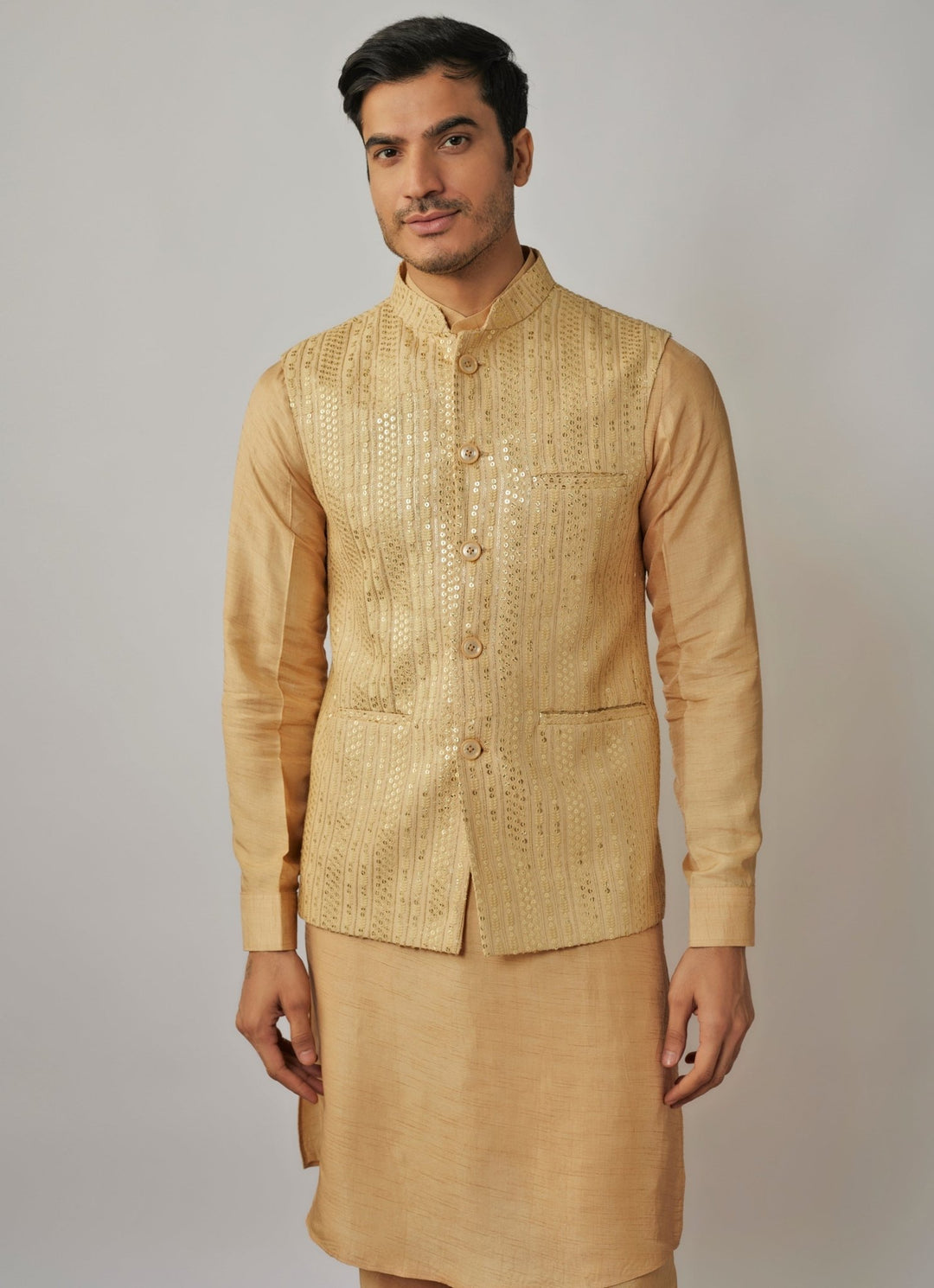 Gold Kurta Set with Embroidered Bandi Jacket Renee Label - Men - Fabilicious Fashion