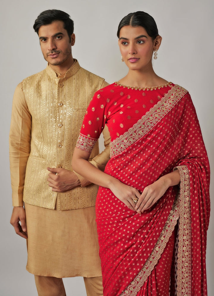 Gold Kurta Set with Embroidered Bandi Jacket Renee Label - Men - Fabilicious Fashion