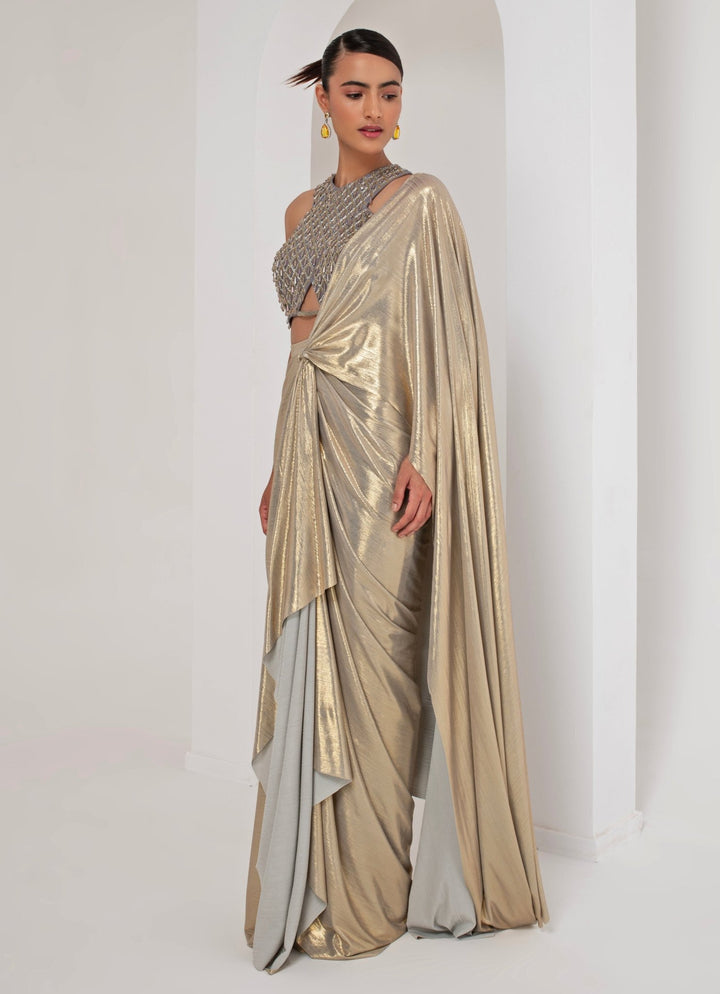 Gold Lycra Pre - Stitched Saree with Grey Blouse Akara - Fabilicious Fashion