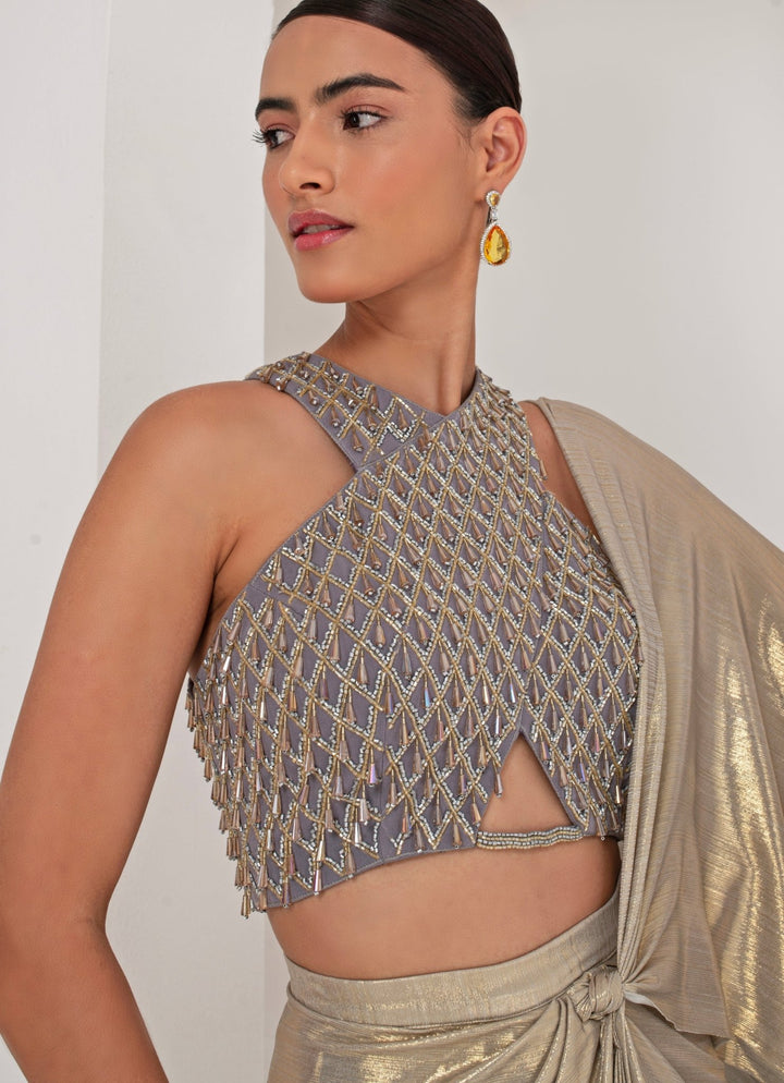 Gold Lycra Pre - Stitched Saree with Grey Blouse Akara - Fabilicious Fashion