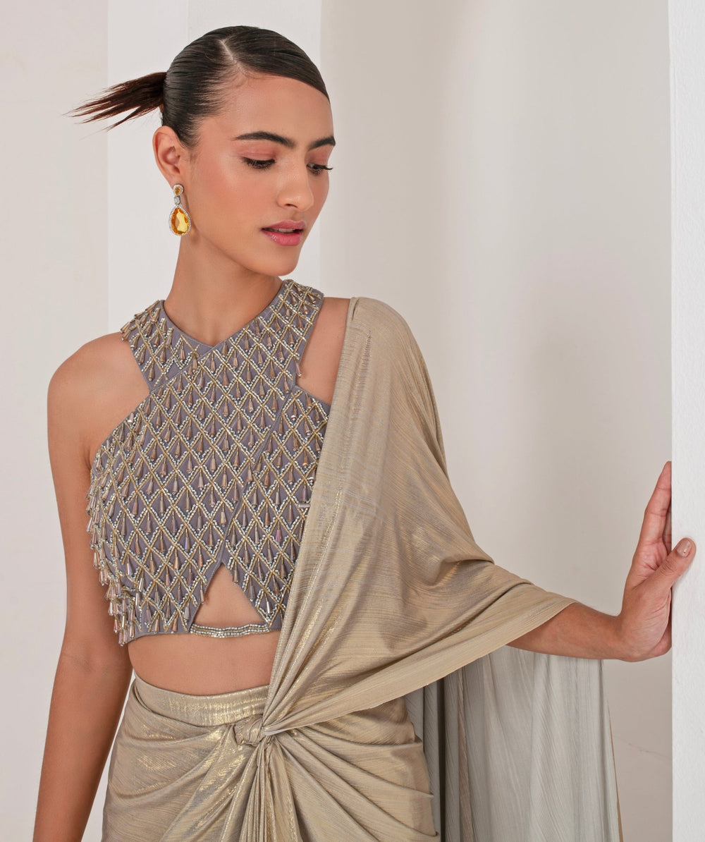 Gold Lycra Pre - Stitched Saree with Grey Blouse Akara - Fabilicious Fashion