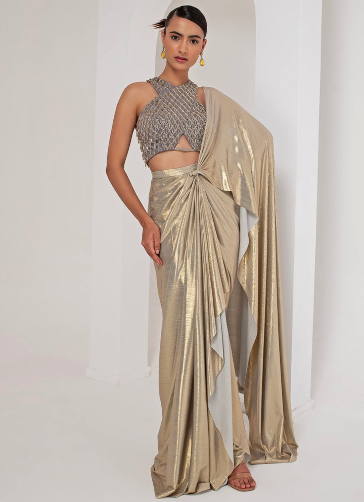 Gold Lycra Pre - Stitched Saree with Grey Blouse Akara - Fabilicious Fashion
