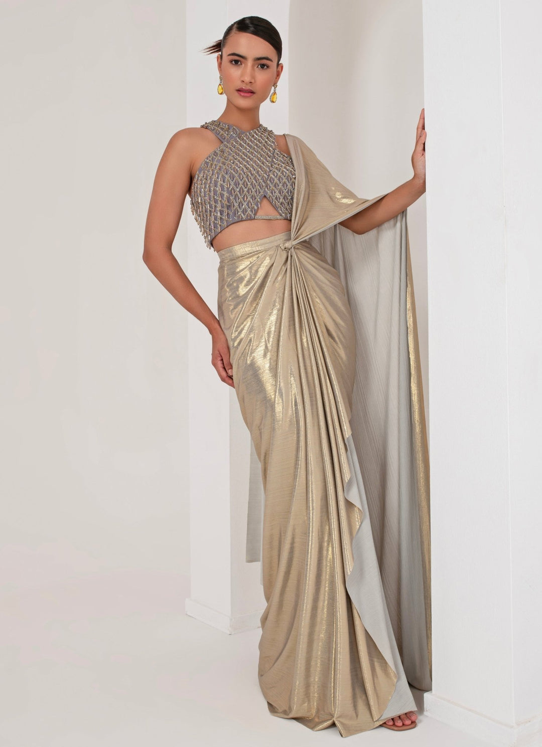 Gold Lycra Pre - Stitched Saree with Grey Blouse Akara - Fabilicious Fashion