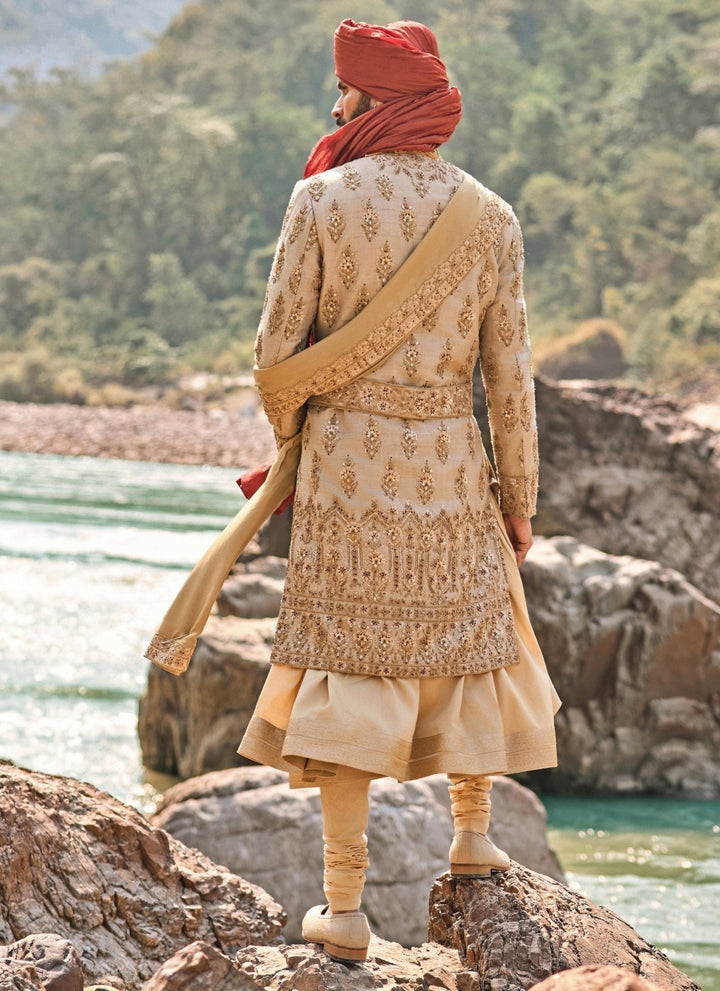 Nitika Gujral - Men Gold Matka Silk Sherwani SetFabilicious Fashion