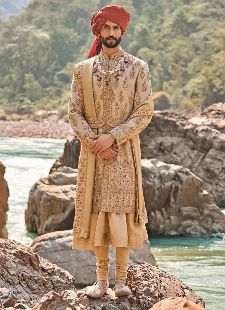 Nitika Gujral - Men Gold Matka Silk Sherwani SetFabilicious Fashion