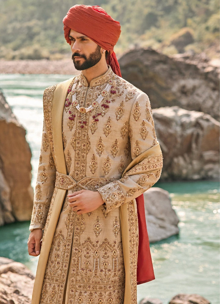 Nitika Gujral - Men Gold Matka Silk Sherwani SetFabilicious Fashion