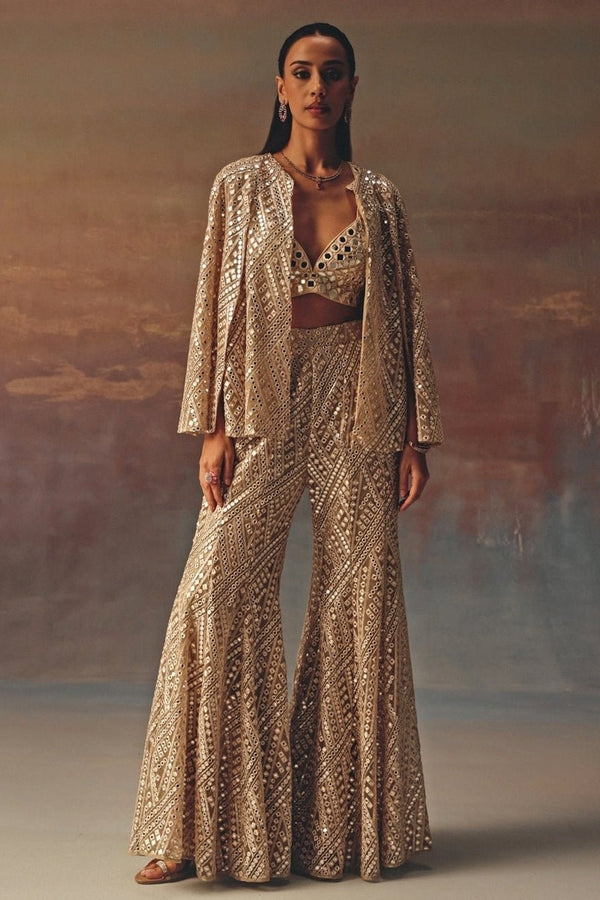 Gold mirror blouse, sharara and jacket set by Twenty Nine