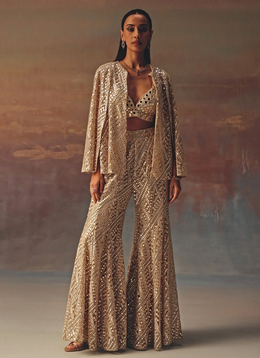 Twenty Nine Gold Mirror Soft Net Blouse Sharara With JacketFabilicious Fashion
