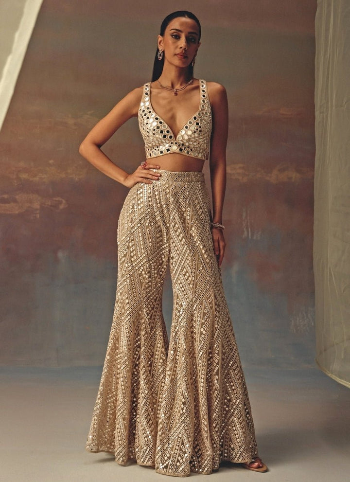 Twenty Nine Gold Mirror Soft Net Blouse Sharara With JacketFabilicious Fashion