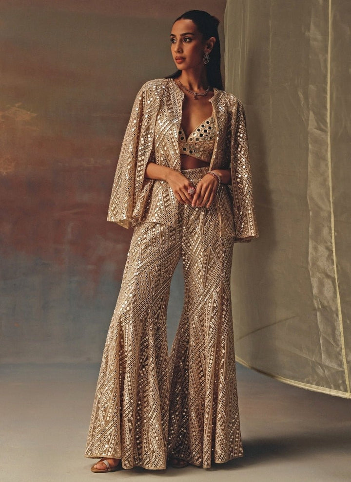 Twenty Nine Gold Mirror Soft Net Blouse Sharara With JacketFabilicious Fashion