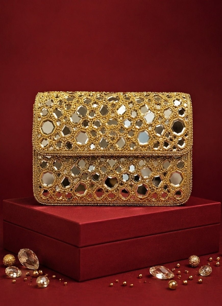 House of Kosha Gold Mirrorwork Embellished Mini BagFabilicious Fashion