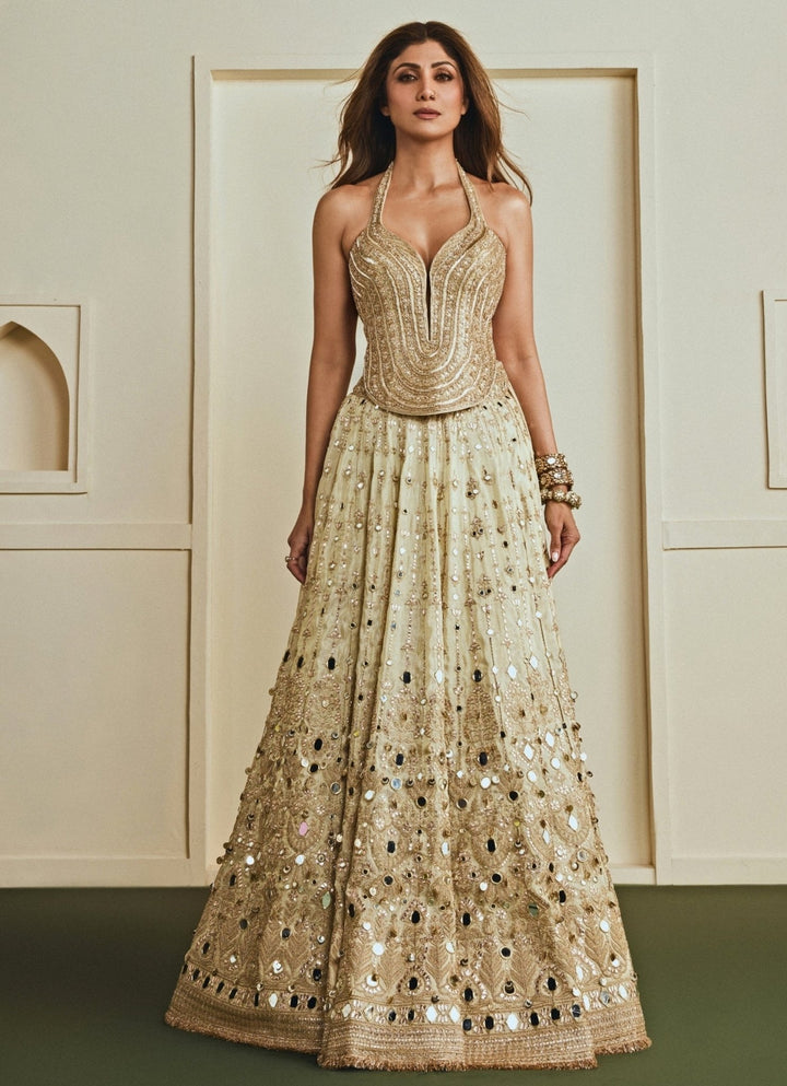 Gopi Vaid Gold Mirrorwork Tissue Corset Lehenga SetFabilicious Fashion