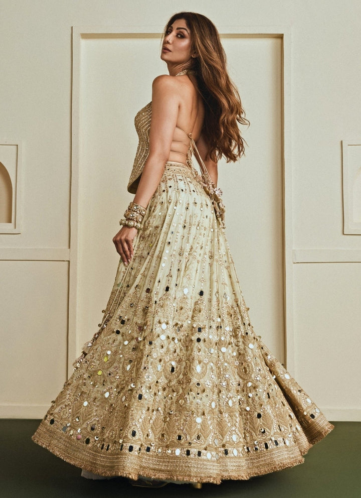 Gopi Vaid Gold Mirrorwork Tissue Corset Lehenga SetFabilicious Fashion