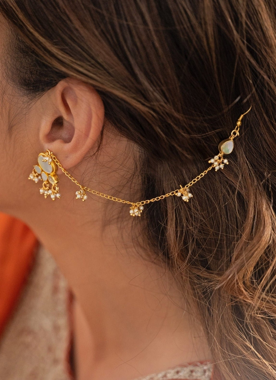 Do Taara Gold Mother Of Pearl Earrings With Ear ChainFabilicious Fashion