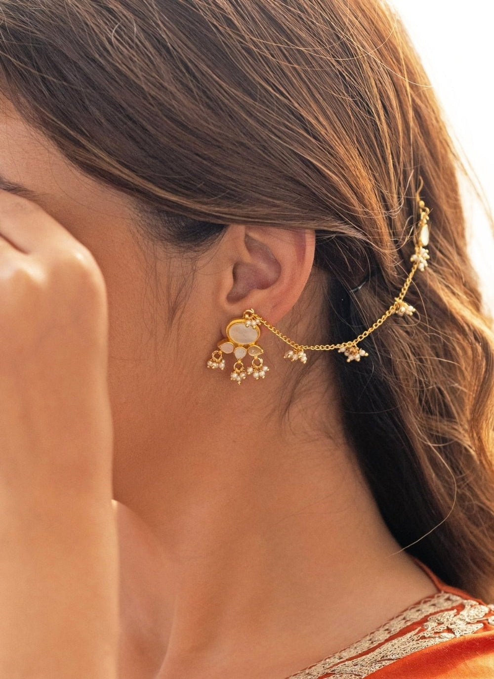 Do Taara Gold Mother Of Pearl Earrings With Ear ChainFabilicious Fashion