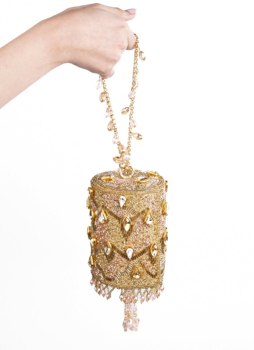Gold &amp; Pink Georgette Embellished Cylinder Mini Bag House of Kosha - Fabilicious Fashion