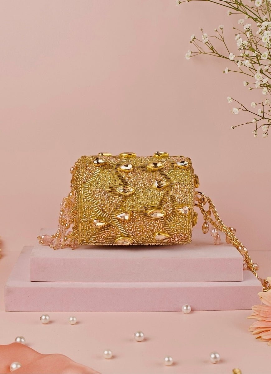 Gold & Pink Georgette Embellished Cylinder Mini Bag House of Kosha - Fabilicious Fashion