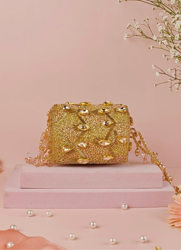 Gold & Pink Georgette Embellished Cylinder Mini Bag