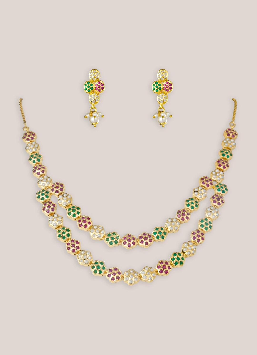 Gold Plated 2 Layer Jadau Necklace Set Zevar by Geeta - Fabilicious Fashion