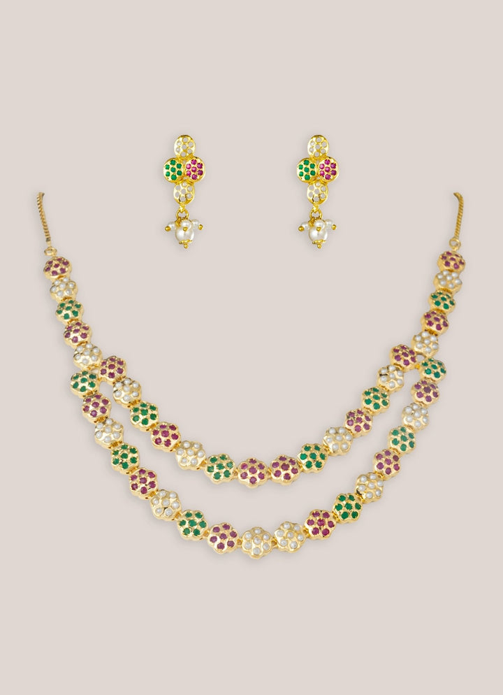 Gold Plated 2 Layer Jadau Necklace Set Zevar by Geeta - Fabilicious Fashion