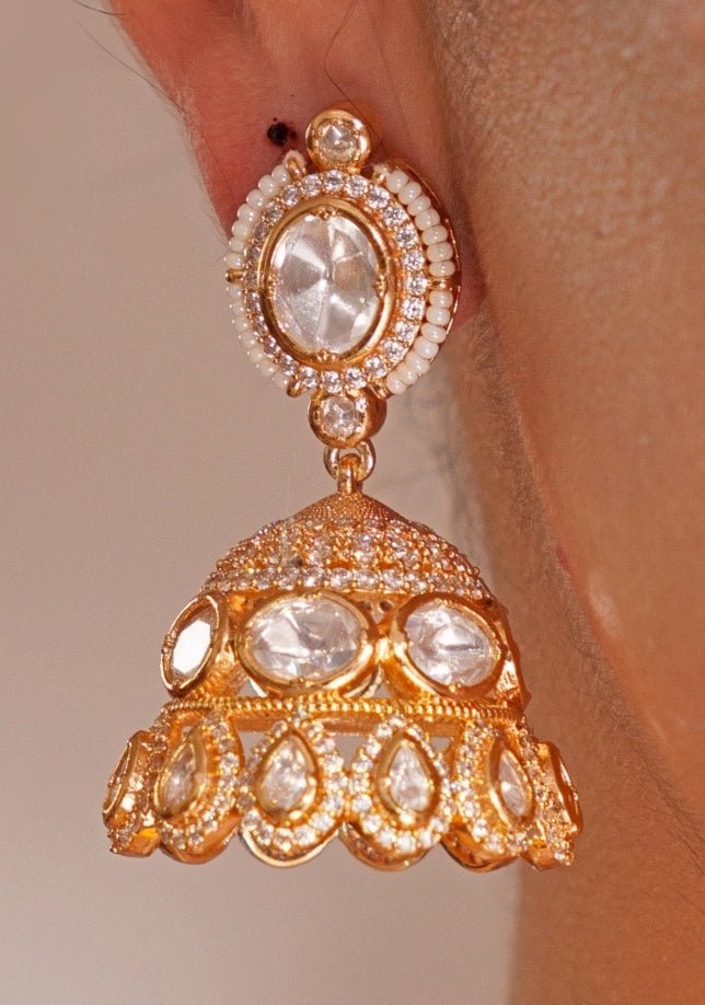 Gold Plated 2 Layer Kundan Polki Necklace Set With Jhumkas Zevar by Geeta - Fabilicious Fashion