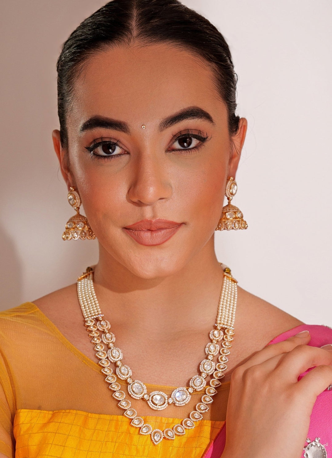 Gold Plated 2 Layer Kundan Polki Necklace Set With Jhumkas Zevar by Geeta - Fabilicious Fashion