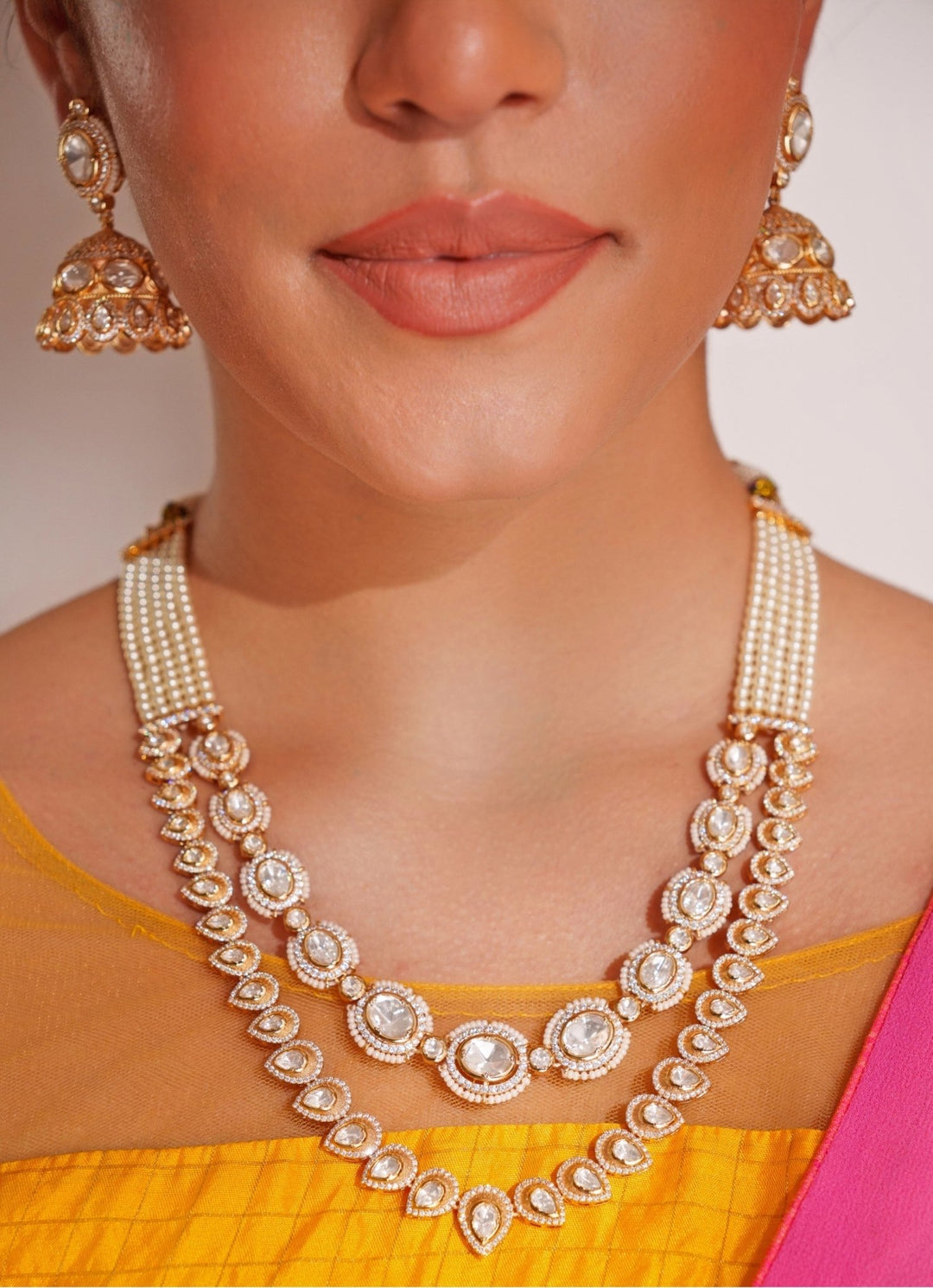 Gold Plated 2 Layer Kundan Polki Necklace Set With Jhumkas Zevar by Geeta - Fabilicious Fashion