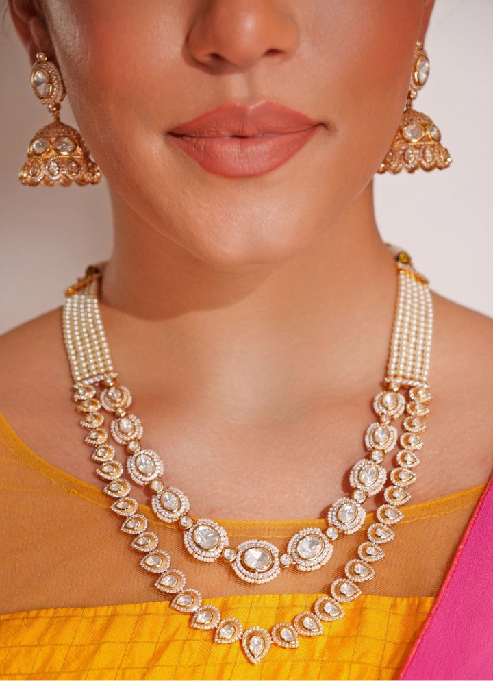 Gold Plated 2 Layer Kundan Polki Necklace Set With Jhumkas Zevar by Geeta - Fabilicious Fashion