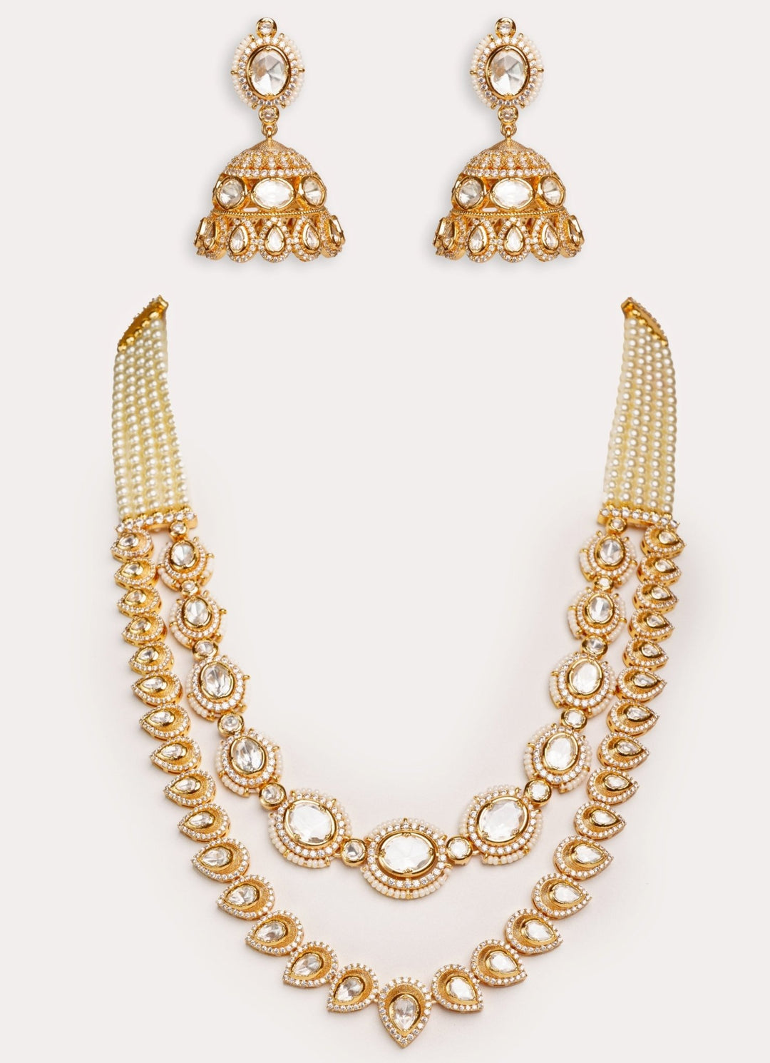 Gold Plated 2 Layer Kundan Polki Necklace Set With Jhumkas Zevar by Geeta - Fabilicious Fashion