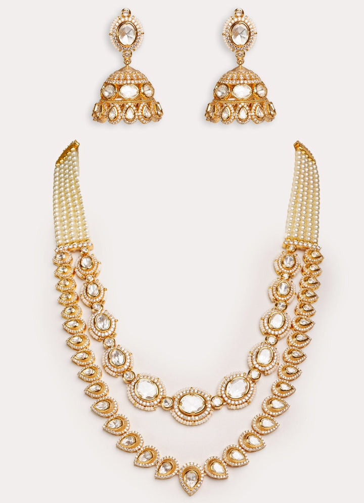 Gold Plated 2 Layer Kundan Polki Necklace Set With Jhumkas Zevar by Geeta - Fabilicious Fashion