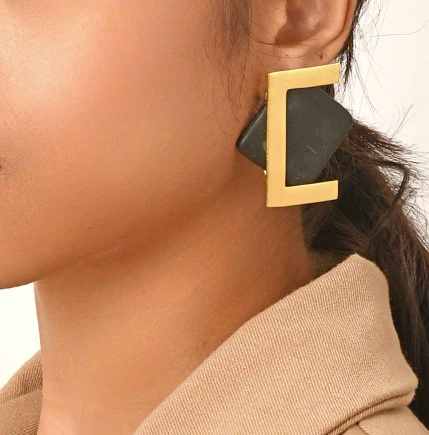Gold Plated and Handcrafted Black Stone Stud Earrings Zaza By Somya - Fabilicious Fashion