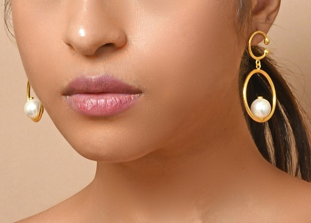 Gold Plated and Handcrafted Drop Down Pearl Earrings Zaza By Somya - Fabilicious Fashion
