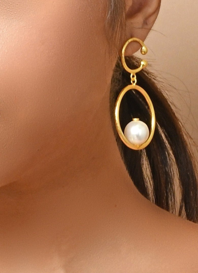 Gold Plated and Handcrafted Drop Down Pearl Earrings Zaza By Somya - Fabilicious Fashion