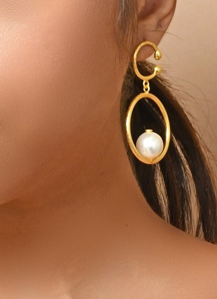 Gold Plated and Handcrafted Drop Down Pearl Earrings Zaza By Somya - Fabilicious Fashion
