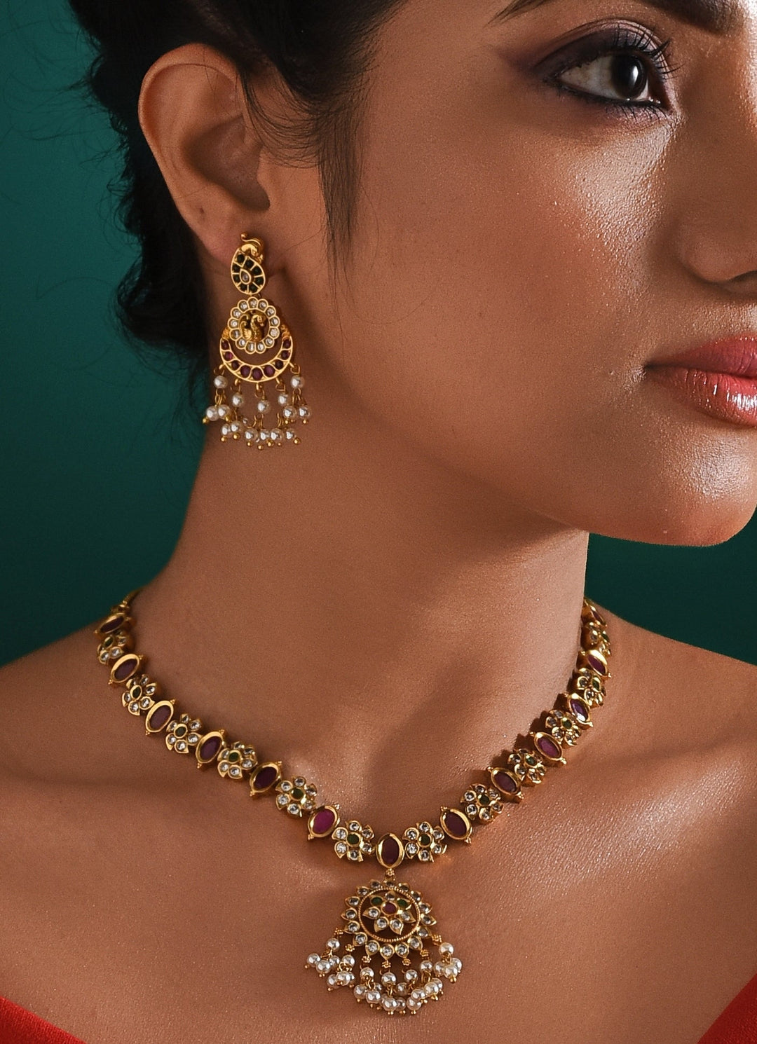 Gold Plated And Multi Stone Necklace With Earrings Zaza By Somya - Fabilicious Fashion